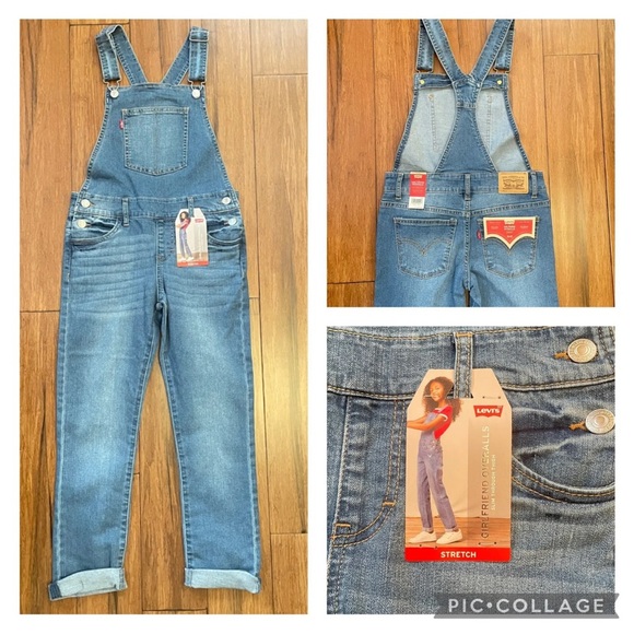 Levi's Jean Youth Girl 7 Reg Jean Denim Girlfriend Overalls Stretch New - Picture 1 of 6